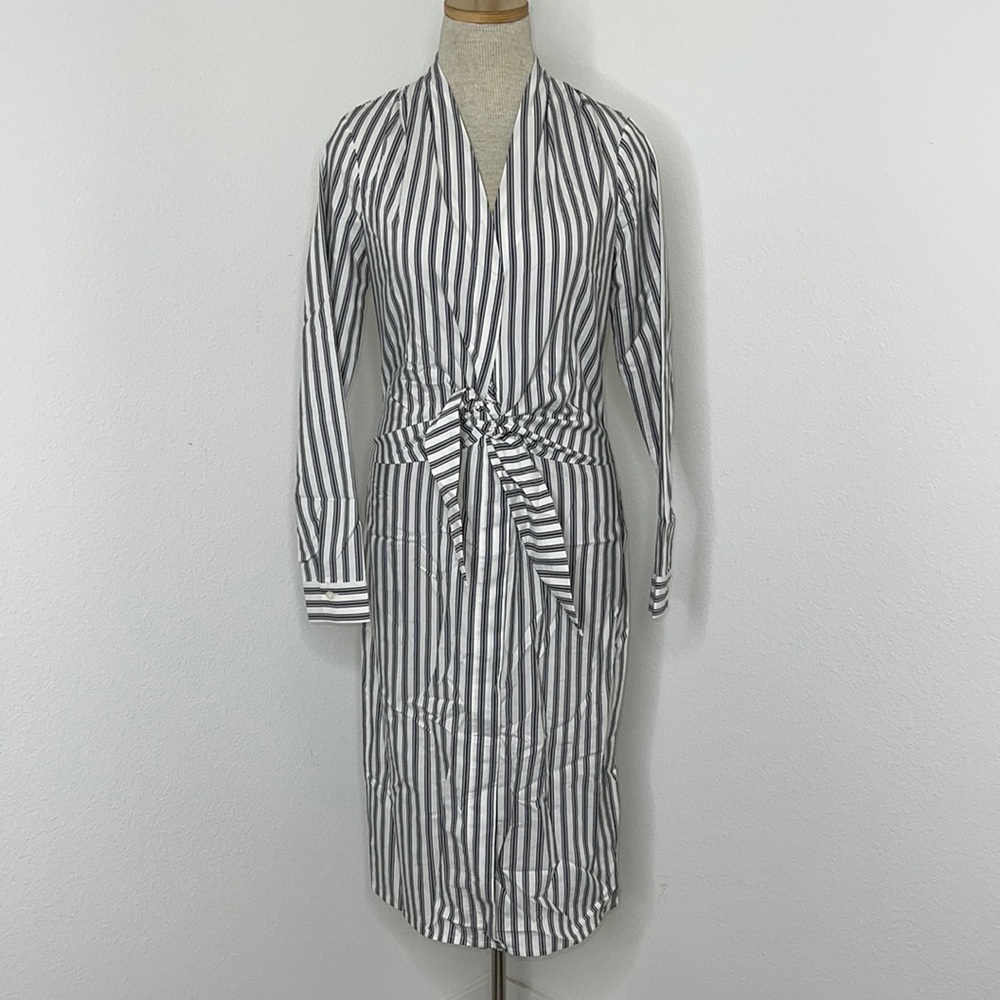 🔹 Donna Karan New York Striped Tie-Front Midi Shirt Dress